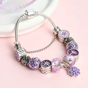 European American fashion DIY charm bracelet purple alloy flower pendant jewelry girls