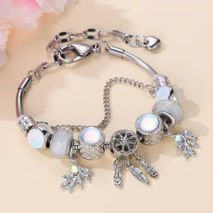 European Style Dreamcatcher Opal Beads Snake Chain Bracelet Silver Plated Alloy Rhinestone Charm Bracelet For Women