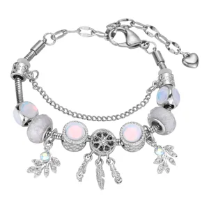 Silver charm bracelet with opal beads, dreamcatcher and leaf pendants for DIY jewelry design.