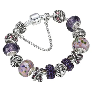 Silberne Bettelarmband mit lila Glasperlen und Kristallen, europäischer DIY Stil für Damen.