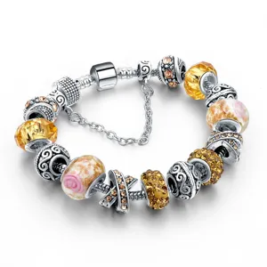 Pandora Stil Silber Bettelarmband mit gelben Kristallen und rosa Blumenperlen für Damen
