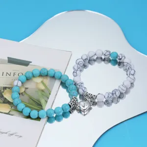 Paar magnetische Steinarmbänder Set mit Herzanhängern, Natur Türkis Perlen Schmuck.