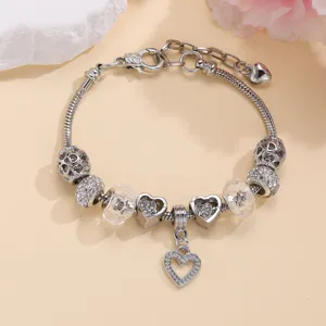 Ασημένιο βραχιόλι με charms στυλ Pandora με κρύσταλλα στρας και καρδιές DIY.