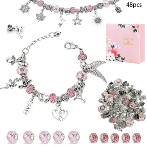 Kit de Fabricación de Pulseras de Amuletos DIY para Niños Aleación Cuentas de Cristal Caja de Regalo Rosa Joyería de Moda Hecha a Mano para Niñas