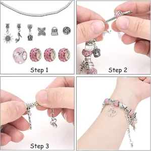 Kit de fabricación de pulseras de abalorios DIY con cuentas de estrás rosas y dijes.