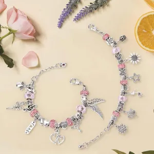 Set de pulsera con dijes rosa DIY para niñas, cadena plateada con cuentas de cristal y bonitos colgantes