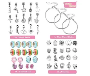 Kit de pulsera con dijes DIY de 48 piezas con cadenas plateadas y cuentas coloridas.