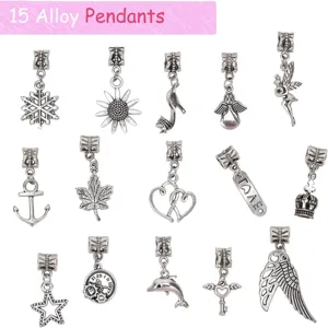 Juego de 15 dijes de aleación plateada para la fabricación de pulseras y collares DIY.