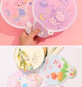 Summer cute folding round fan portable cartoon mini fabric hand fan with handle for daily use