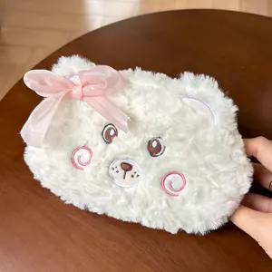 Cute fluffy plush bear pencil case with pink ribbon bow, soft large capacity stationery bag.