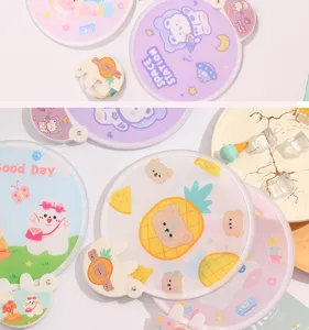 Summer cute folding round fan portable cartoon mini fabric fan with handle storage bag