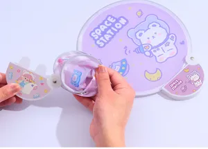 Portable folding round fan with cute cartoon bear astronaut design, purple summer mini fan.