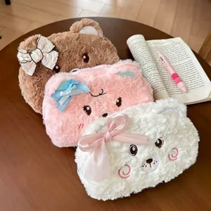 Cute plush bear pencil case with bow, soft stuffed stationery storage bag for students school.