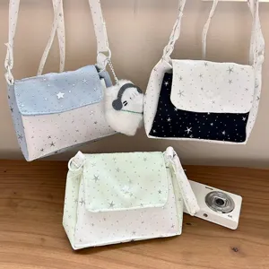 Canvas star pattern crossbody bag cute multi-layer storage shoulder camera bag with plush charm