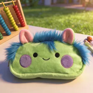 Joli trousse à crayons en peluche verte avec cheveux bleus duveteux pochette kawaii vue principale