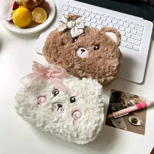 Cute plush bear pencil case with bow, soft furry aesthetic stationery storage bag for students.