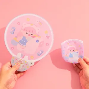 Summer cute folding round fan portable mini fabric hand fan with cute cartoon storage pouch