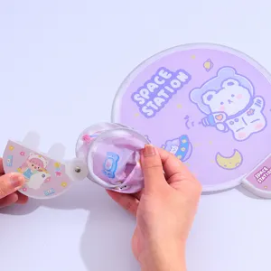 Cute foldable round fan with cartoon space bear design, portable hand fan for summer.