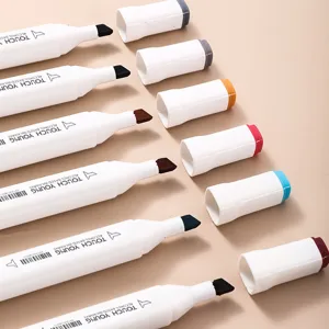 Alcohol marker pens dual tip art markers set with colored caps and white square barrel.
