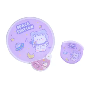 Summer cute foldable round fan with storage pouch cartoon portable mini hand fan for cooling.