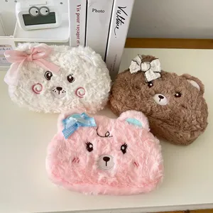 Cute Plush Bear Pencil Case Large Capacity Stationery Storage Bag With Bowknot Soft Student Pen Pouch Office Supplies