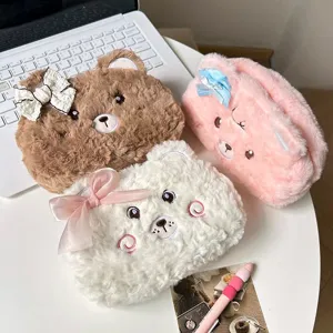 Cute plush bear pencil case, large capacity soft stationery pouch with bowknot for students