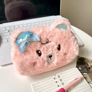 Cute pink plush bear pencil case kawaii aesthetic stationery storage bag for students