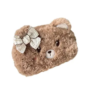 Cute plush bear pencil case soft fluffy stationery storage bag large capacity student pouch