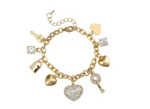 Bracciale con ciondoli a cuore dorato con chiave lucchetto e strass, gioiello in lega.