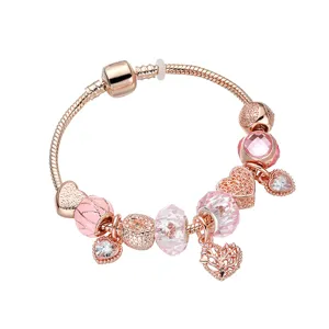 Women's Rose Gold Plated Snake Chain Charm Bracelet With Heart And Tree Of Life Beads Fashion Jewelry Gift