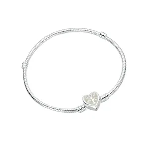 Silver plated snake chain charm bracelet with heart tree clasp for diy European beads style.