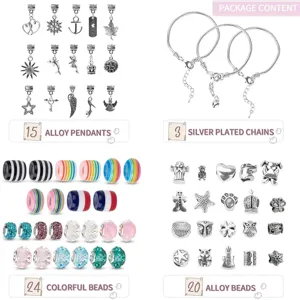 DIY Bettelarmband Set mit silbernen Ketten, bunten Perlen und Metall Anhängern zum Basteln.