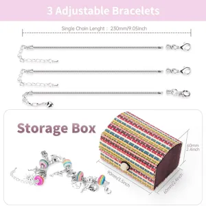 DIY Bettelarmband Set Details mit verstellbaren Schlangenketten und Holzkiste.