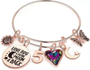 Bracciale rigido estensibile in acciaio inossidabile oro rosa con ciondoli cuore cristallo.