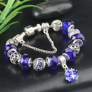 Blauwe kristallen bedelarmband zilverkleurige DIY modulaire sieraden dames mode accessoire