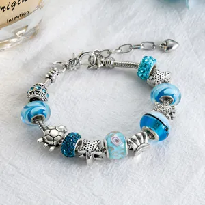 Ocean style blue glass bead charm bracelet with starfish and turtle for women fashion jewelry