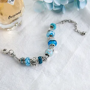 Blue glass charm bracelet with sea turtle and starfish beads for women style jewelry gift