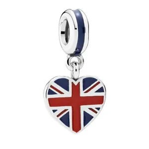 Silver Union Jack heart charm pendant for DIY bracelets and necklaces, enamel finish.