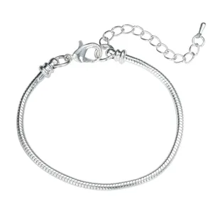 Silver snake chain bracelet base with lobster clasp and extension chain for DIY jewelry making.