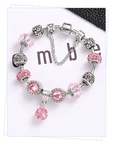 Pandora Stil Silber Bettelarmband mit rosa Kristall Perlen und Sicherheitskette Damen.