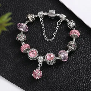 Silber Charm Armband im Pandora Stil mit rosa Kristallperlen und Strass für Damen DIY.