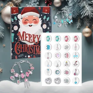 Christmas DIY charm bracelet advent calendar set with crystal beads and metal pendants for kids.