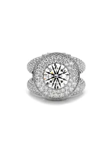Luxurioeser breiter Pave Diamant Halo Ring mit grossem runden Zirkoniastein in Silber.