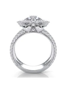 Luxus Damen Silber Diamantring mit doppeltem Heiligenschein, Herzdesign und Pavé Band.