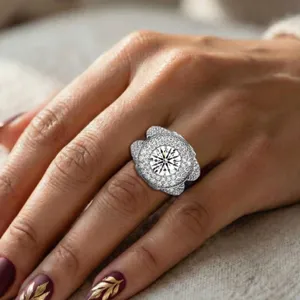 Luxus Geometrisch Blume Zirkonia Ring Für Damen Weißgold Vergoldetes Messing Funkelnde Pavé Strass Fingerring Eleganter Schmuck Geschenk