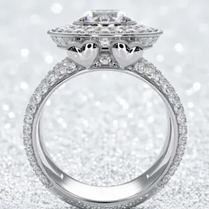 Luxurioes silberner Diamantring mit doppeltem Halo und Herzdetails fuer elegante Damen