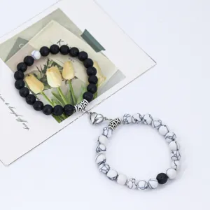 Paar magnetische passende Steinarmbänder Set schwarze Lava weiße Perlen Schmuck