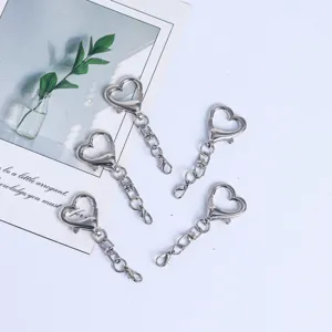 Silver metal heart shaped keychain clasps with four section chain for DIY bags crafts