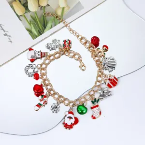 Noël Père Noël Flocon de Neige Charms Bracelet Alliage Plaqué Or Strass Bijou Festif Cadeau Pour Femmes