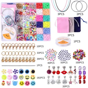 Kit per braccialetti con perline di argilla colorate, ciondoli, cordini e scatola organizzatrice.